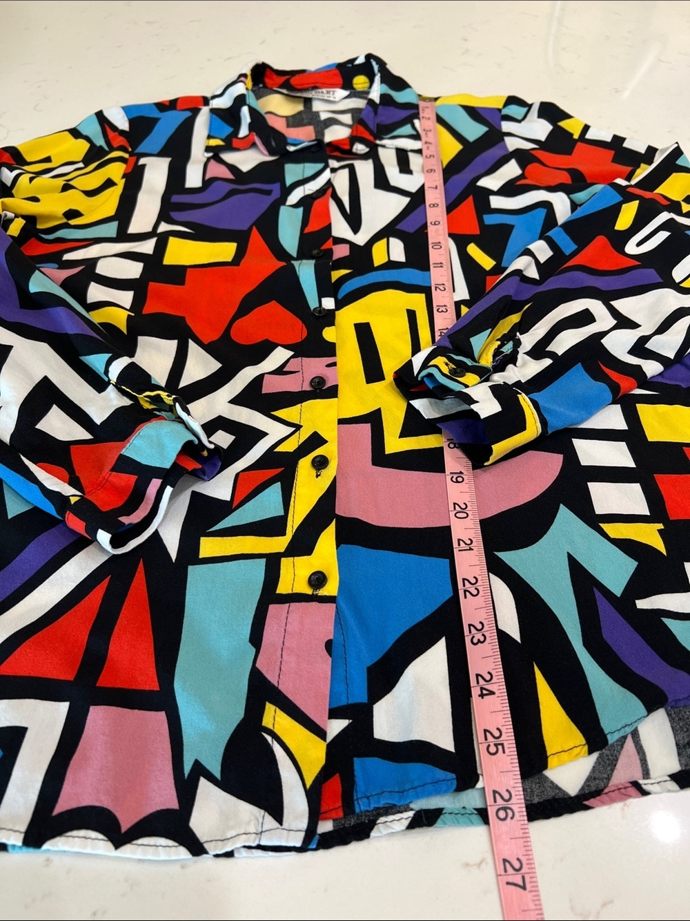 Big Dart Colorful Retro Geometric Print Button Down Viscose Shirt - Picture 8 of 8